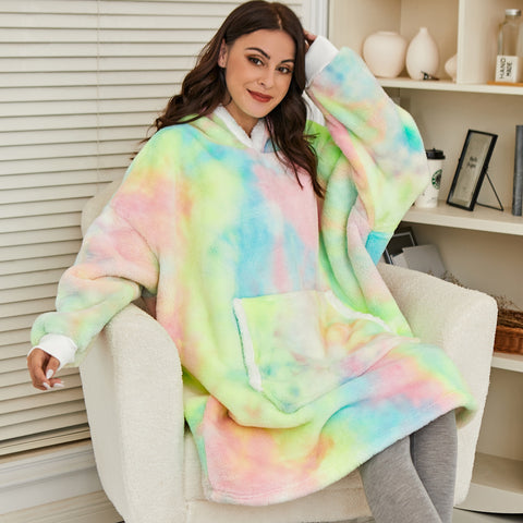 Tie Dye Oversized Hoodie Blanket Women Plaid Sweatshirt Winter Hoodies Flannel Sweatshirt Warm Pullover for Women Men