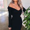 TiulZial Long Sleeve Autumn Midi Dress Basic Pure Ribbed Knitting Sweater Dress Off Shoulder Long Winter Dresses Black White