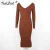 TiulZial Long Sleeve Autumn Midi Dress Basic Pure Ribbed Knitting Sweater Dress Off Shoulder Long Winter Dresses Black White