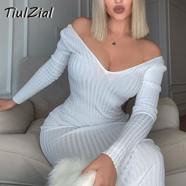 TiulZial Long Sleeve Autumn Midi Dress Basic Pure Ribbed Knitting Sweater Dress Off Shoulder Long Winter Dresses Black White