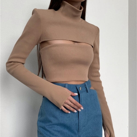 Turtleneck Knitted Sweaters Women Solid Sexy Sheath Hollow Out Sweatshirts Autumn Long Sleeve Pullovers Female Crop Tops