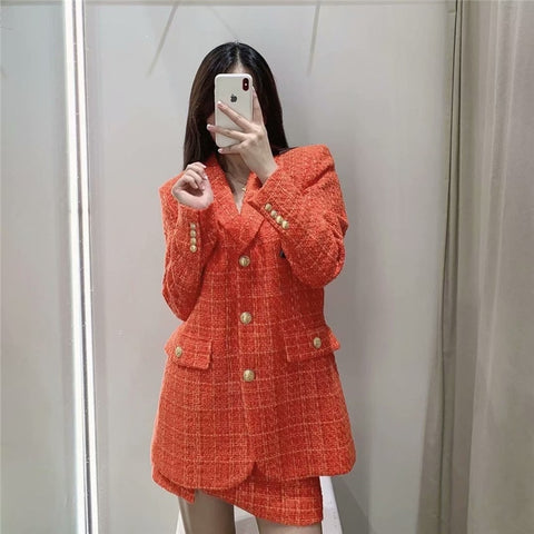 Woman Suits With Skirts Sets 2023 Tweed Office Single-Breasted Jacket Coat Midi Skirt 2 Piece Set Women Suit