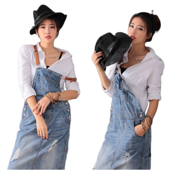 Women  Loose Maxi Denim Dress S-5XL Suspenders Strap Ladies Ripped Bib Blue Dresses Plus Size 2022 Holes Jean Dress