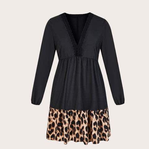 Women Plus Size 4XL Leopard Print Tunic Midi Shirt Dress 2023 Autumn Lace Long Sleeve Black Elegant Clothing Vestido