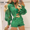 Women Solid Hollow-out Puff Sleeve Sexy Short Sets