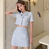 Women Summer Two 2 Piece Set Korean Style Elegant Single Breasted Tassle Short Sleeve Tops and High Waist Bodycon Mini Skirt