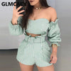 Women Two Piece Striped Suits Long Sleeve Off Shoulder Crop Top and Belted Shorts Set