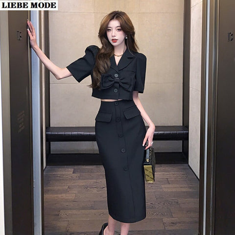 Women's 2 Two Piece Bow Tie Cropped Jacket Coat Midi Skirt Suit Womens Summer Autumn Blazer Set Outfits Knee Length Skirt Suite