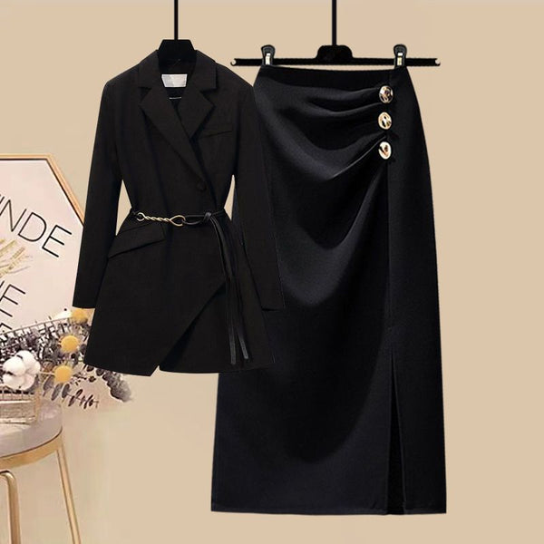 Women's Autumn Long Sleeve Casual Blazer Coat Midi Skirt Two Piece Korean Chic Elegant Black Professional Suit Set