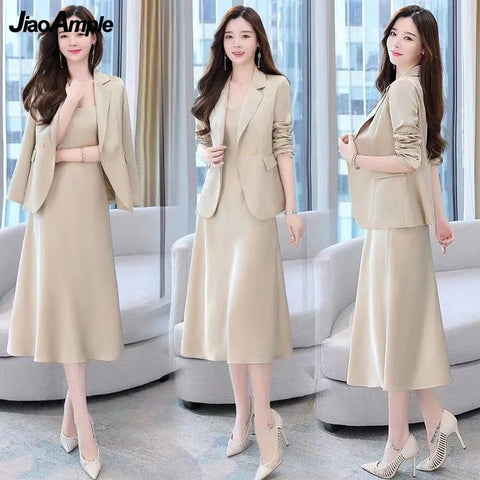 Women's Autumn Winter Suit Jacket Dress Set 2023 Korean Elegant Temperament Blazers Suspender Midi Skirt Two-piece