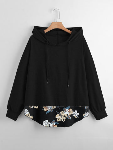 Women's Plus Size 4XL Autumn Winter 2023 Floral Print Tops Pullovers Casual Black Hoodies Plaid Sporty Loose Cotton Sweatshirts