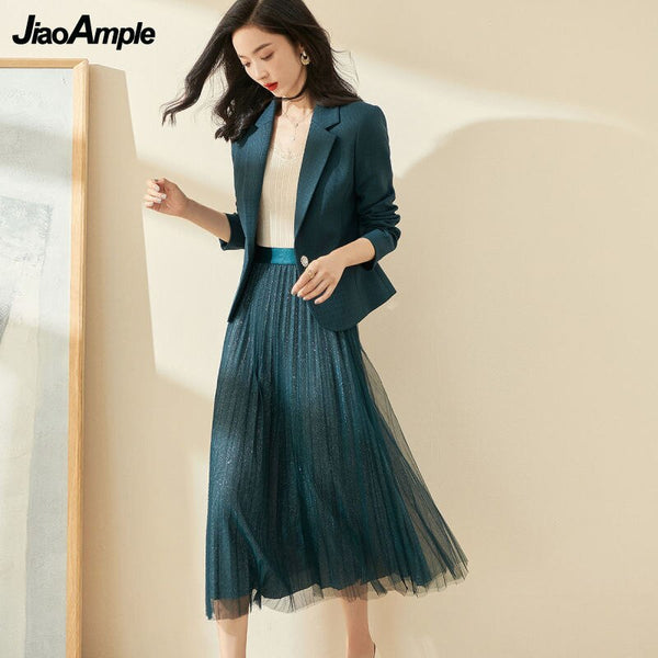 Women's Spring Autumn Business Suits Korean Office Lady Graceful Green Blazer Mesh Midi Skirts Two Piece Set OL Jacket Outfits