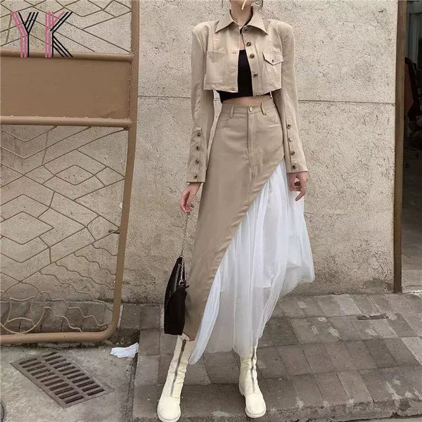 Womens Blazer Suits Sets Short Jacket Blazer Midi Skirts Sets Spring Office Ladies High Waist Tulle Long Skirt for Women Clothes