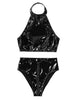 Womens Wet Look Club Wear Costumes Moto Patent Leather Lingerie Set Crop Top with High Cut Zippered Crotch Briefs Bottom