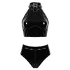 Womens Wet Look Club Wear Costumes Moto Patent Leather Lingerie Set Crop Top with High Cut Zippered Crotch Briefs Bottom