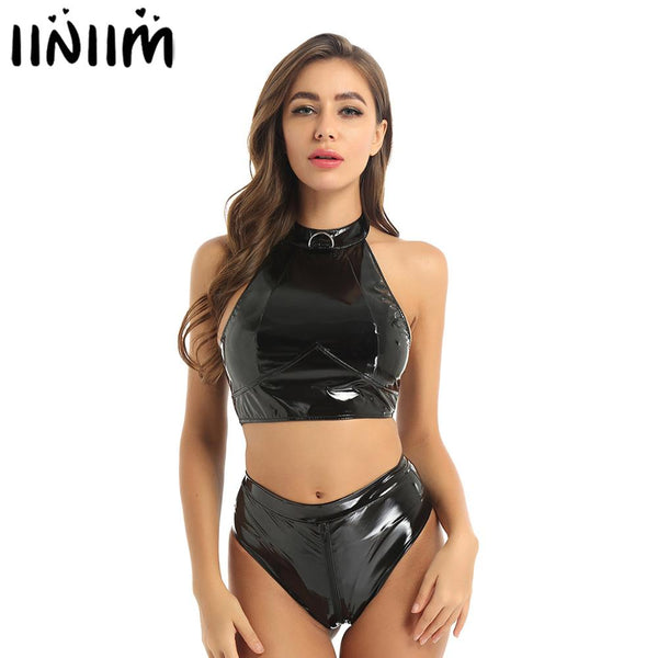 Womens Wet Look Club Wear Costumes Moto Patent Leather Lingerie Set Crop Top with High Cut Zippered Crotch Briefs Bottom