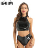 Womens Wet Look Club Wear Costumes Moto Patent Leather Lingerie Set Crop Top with High Cut Zippered Crotch Briefs Bottom