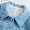 Zevity Women England Style Pockets Patch Short Tweed Woolen Blazer Coat Vintage Female Long Sleeve Outerwear Chic Tops CT664